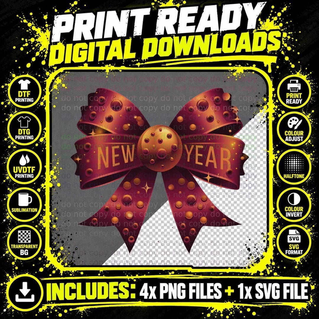 New Year Happy New Year T-Shirt, Festive Bow with Png SVG Digital Bundle