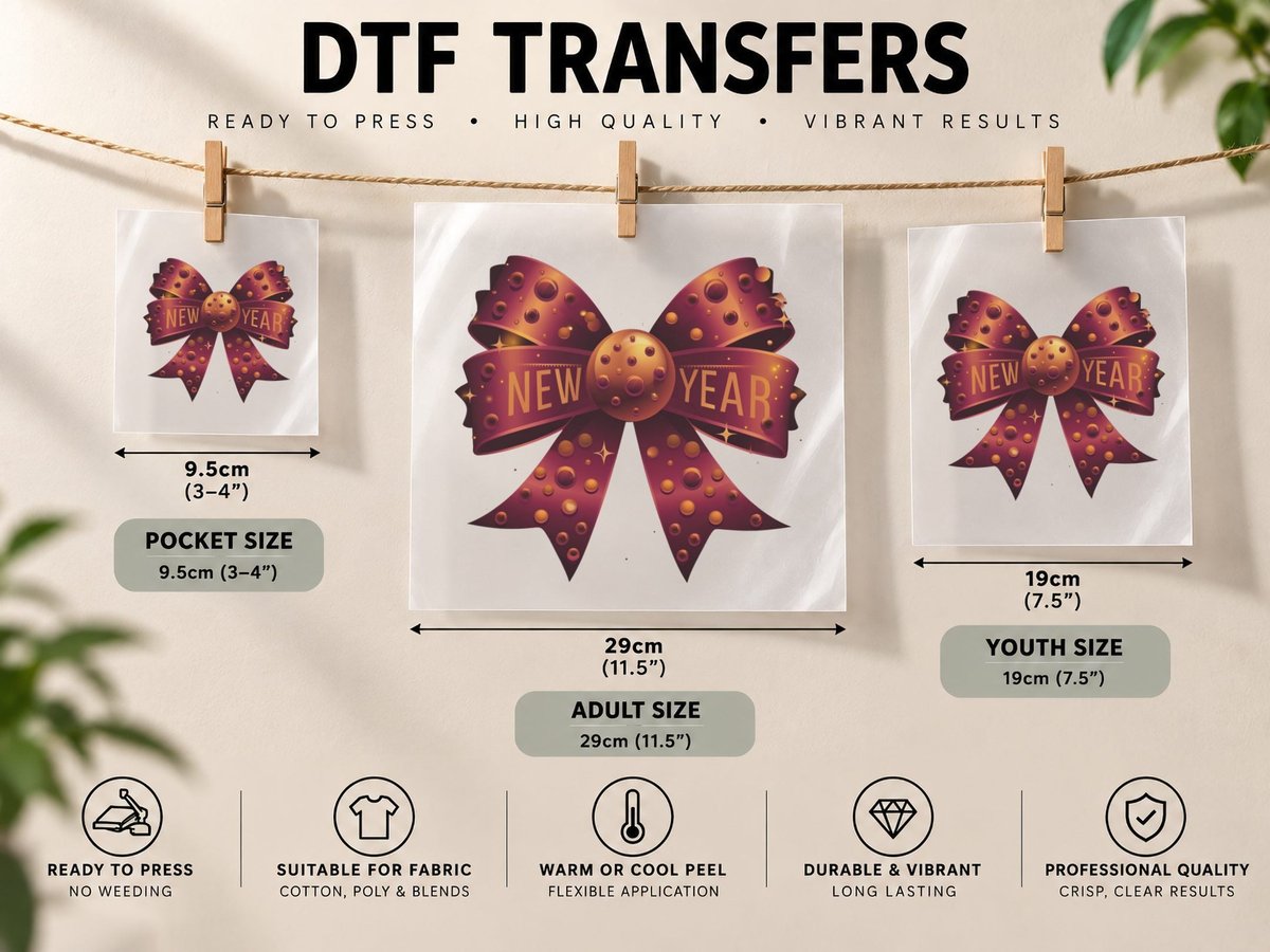 New Year Happy New Year, Festive Bow with Glittering DTF Transfer Iron On