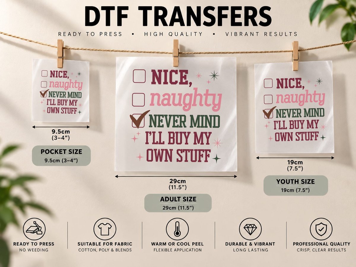Nice Naughty Never Mind I'll Buy My Own Stuff Christmas DTF Transfer Iron On