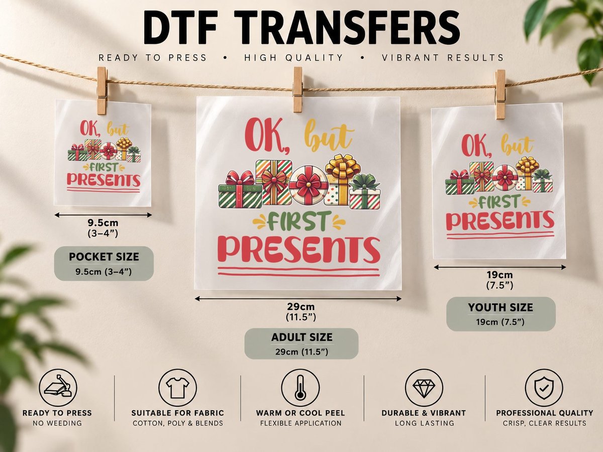 OK but First Presents Winter, Festive Christmas Gifts DTF Transfer Iron On