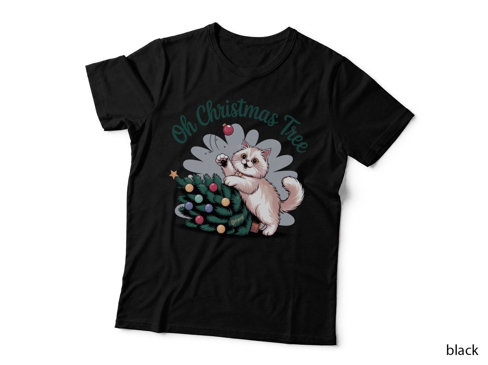 Oh Christmas Tree Funny Cat T-Shirt, Playful Cat with Christmas Tree Graphic