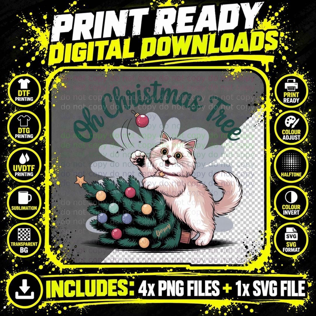 Oh Christmas Tree Funny Cat T-Shirt Png SVG Digital Bundle