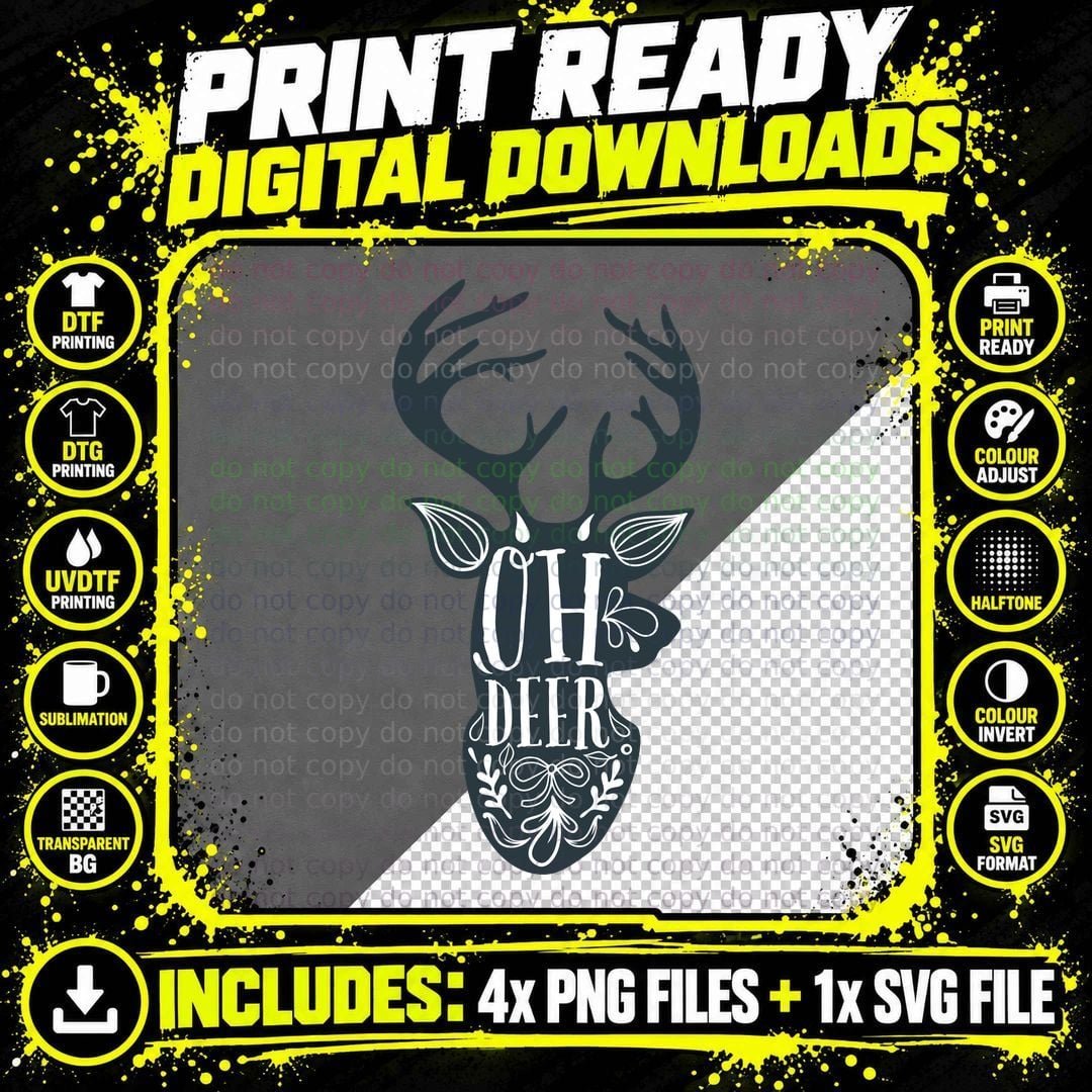 Oh Deer Reindeer Antlers Black White Leaves T-Shirt Png SVG Digital Bundle