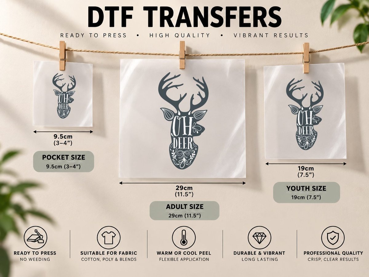 Oh Deer Reindeer Antlers Black White Leaves DTF Transfer Iron On
