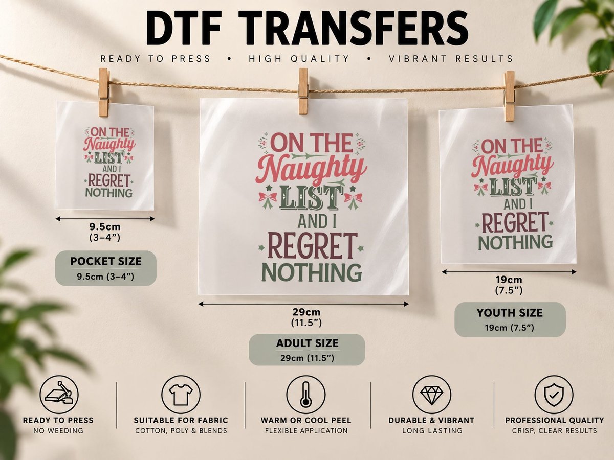 On the Naughty List and I Regret Nothing Christmas DTF Transfer Iron On