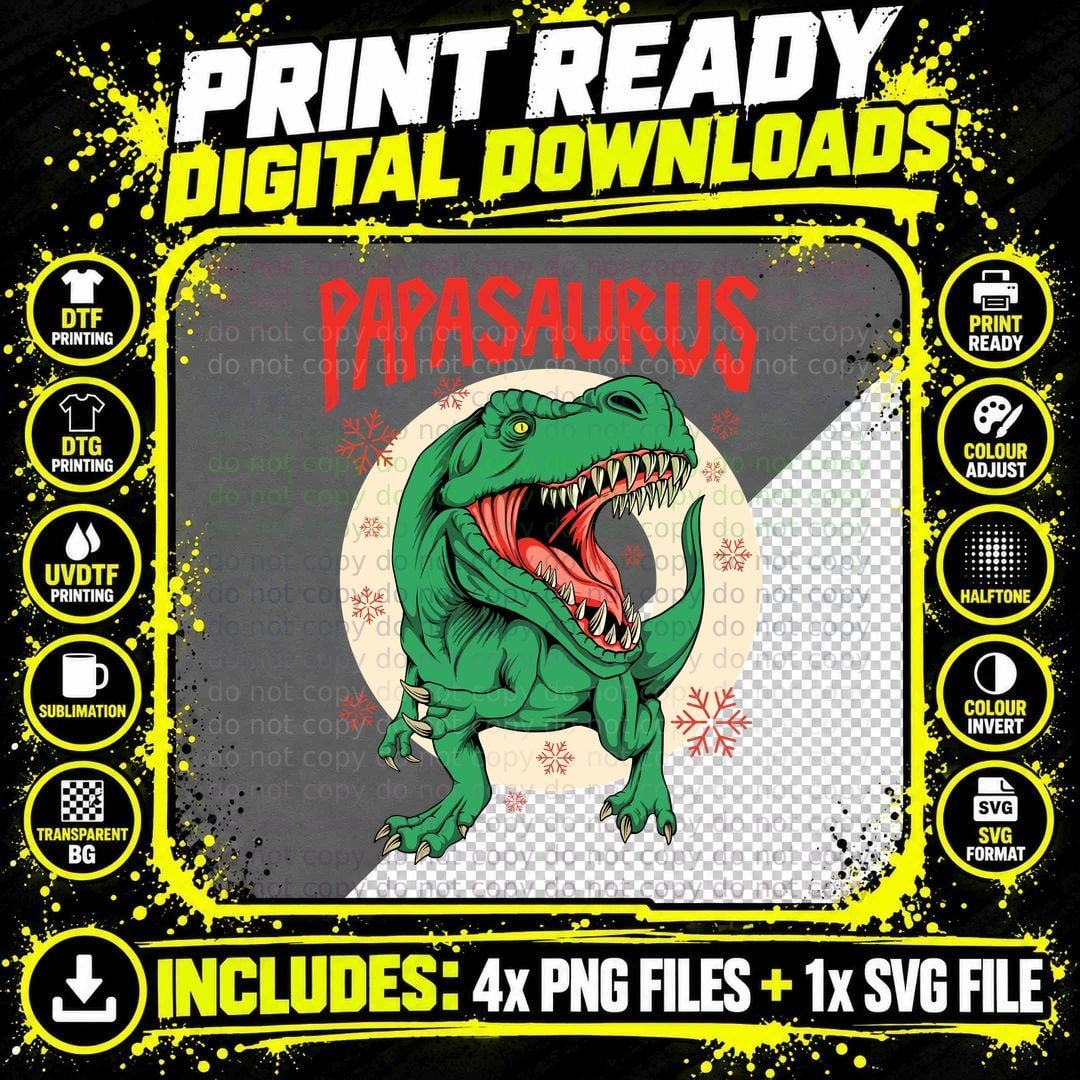 Papasaurus Dinosaur Green Holiday Christmas T-Shirt Png SVG Digital Bundle