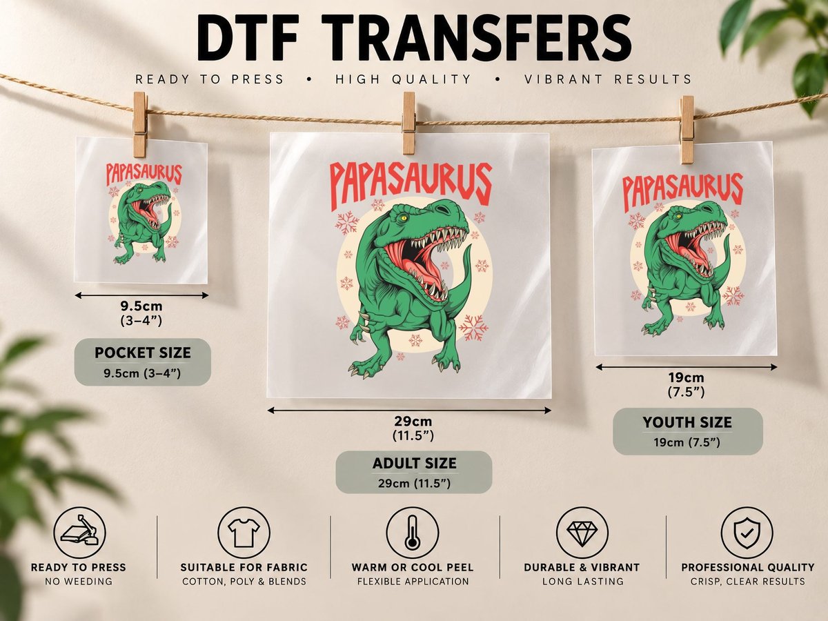 Papasaurus Dinosaur Green Holiday Christmas DTF Transfer Iron On