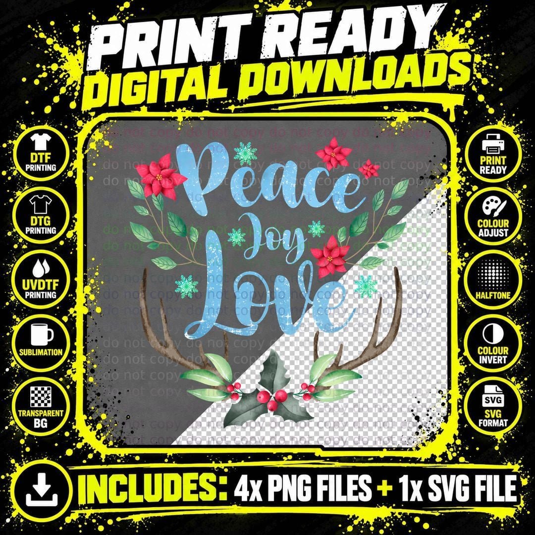Peace Joy Love Winter T-Shirt, Festive Holiday Antlers Png SVG Digital Bundle