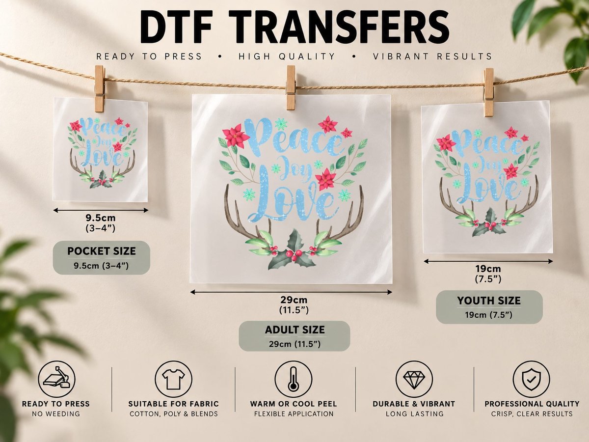 Peace Joy Love Winter, Festive Holiday Antlers with DTF Transfer Iron On