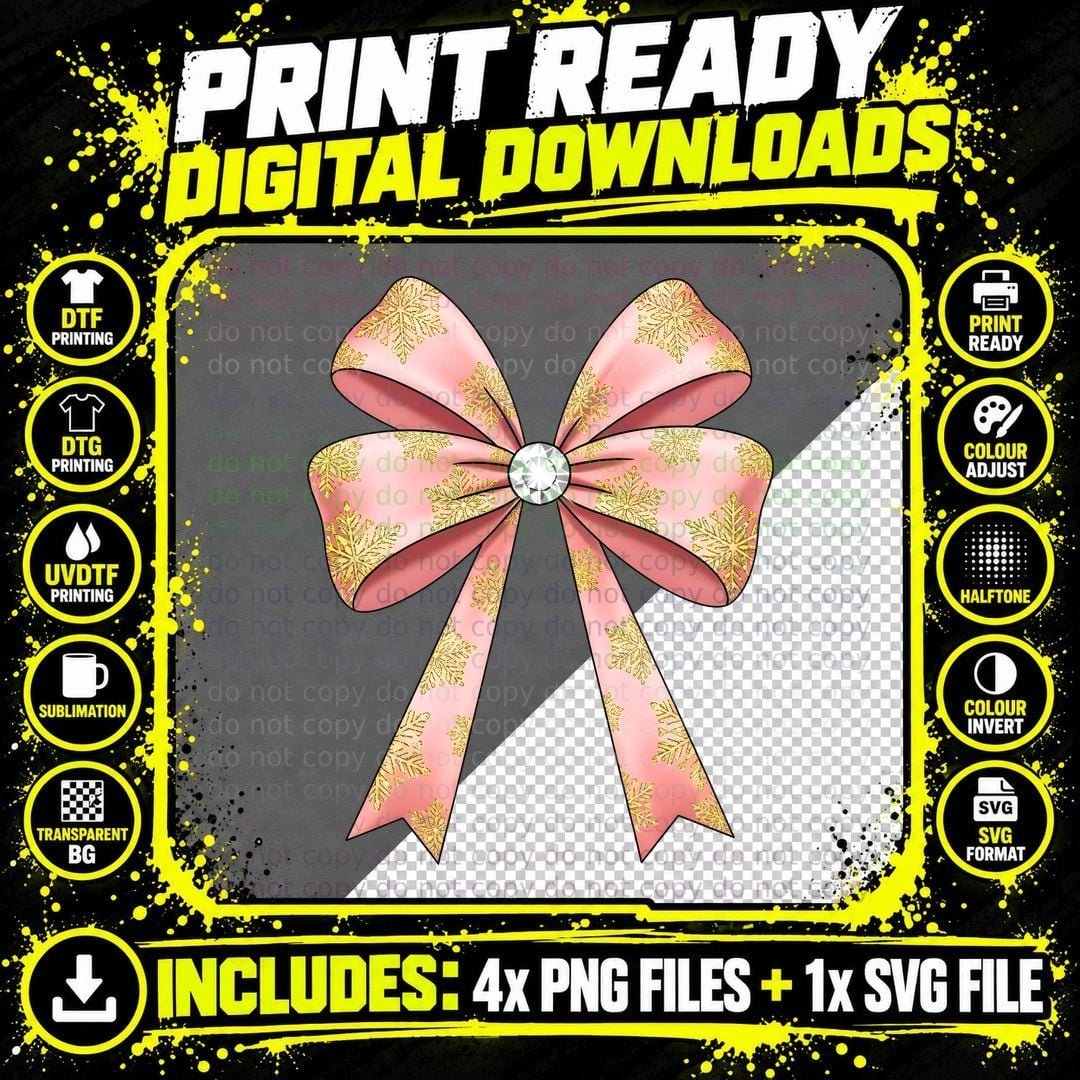 Pink Bow with Gold Snowflakes Christmas Coquette T-Shirt Png SVG Digital Bundle