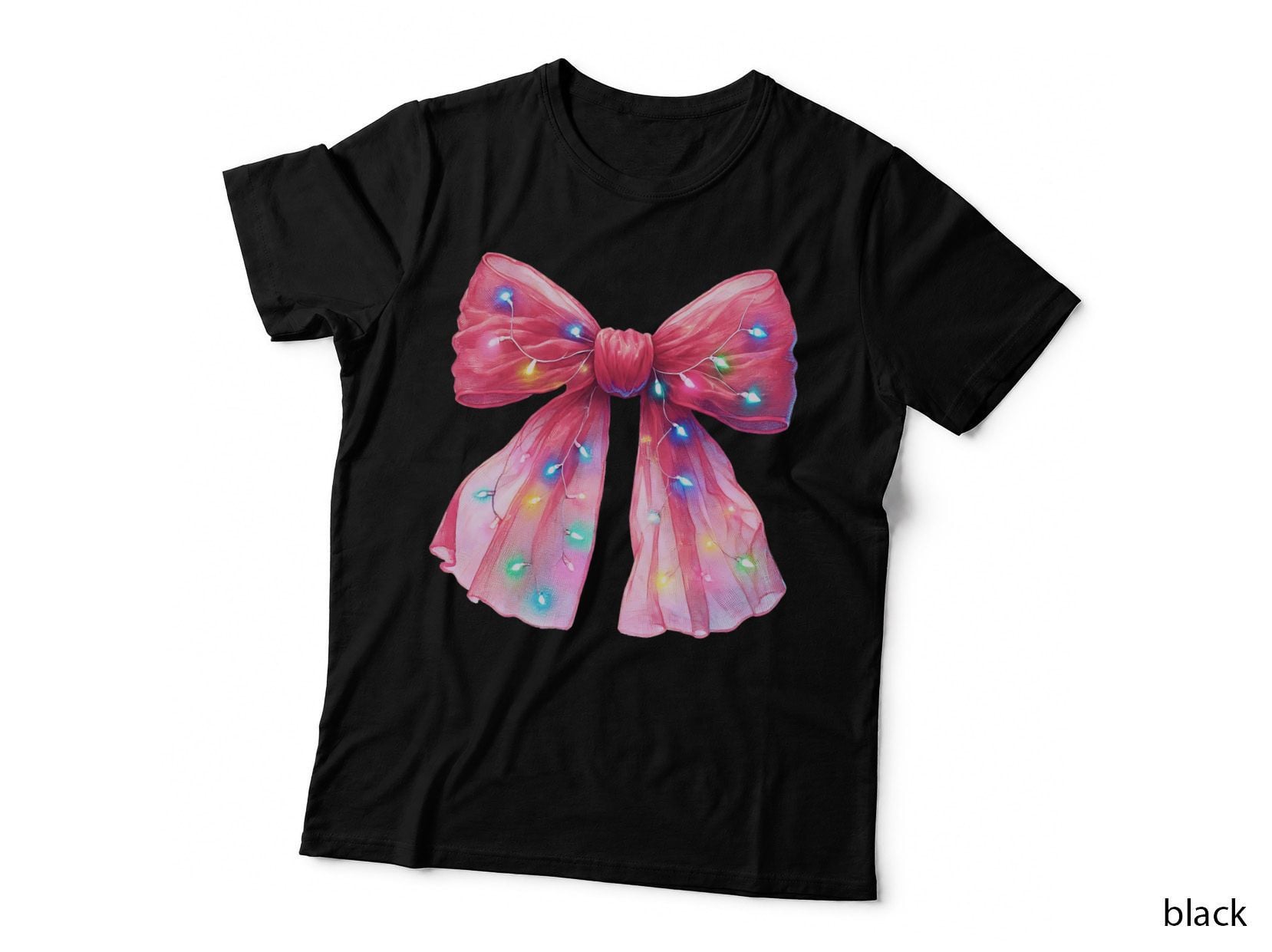Pink Bow with Lights Christmas Coquette T-Shirt, Christmas Coquette Graphic Tee