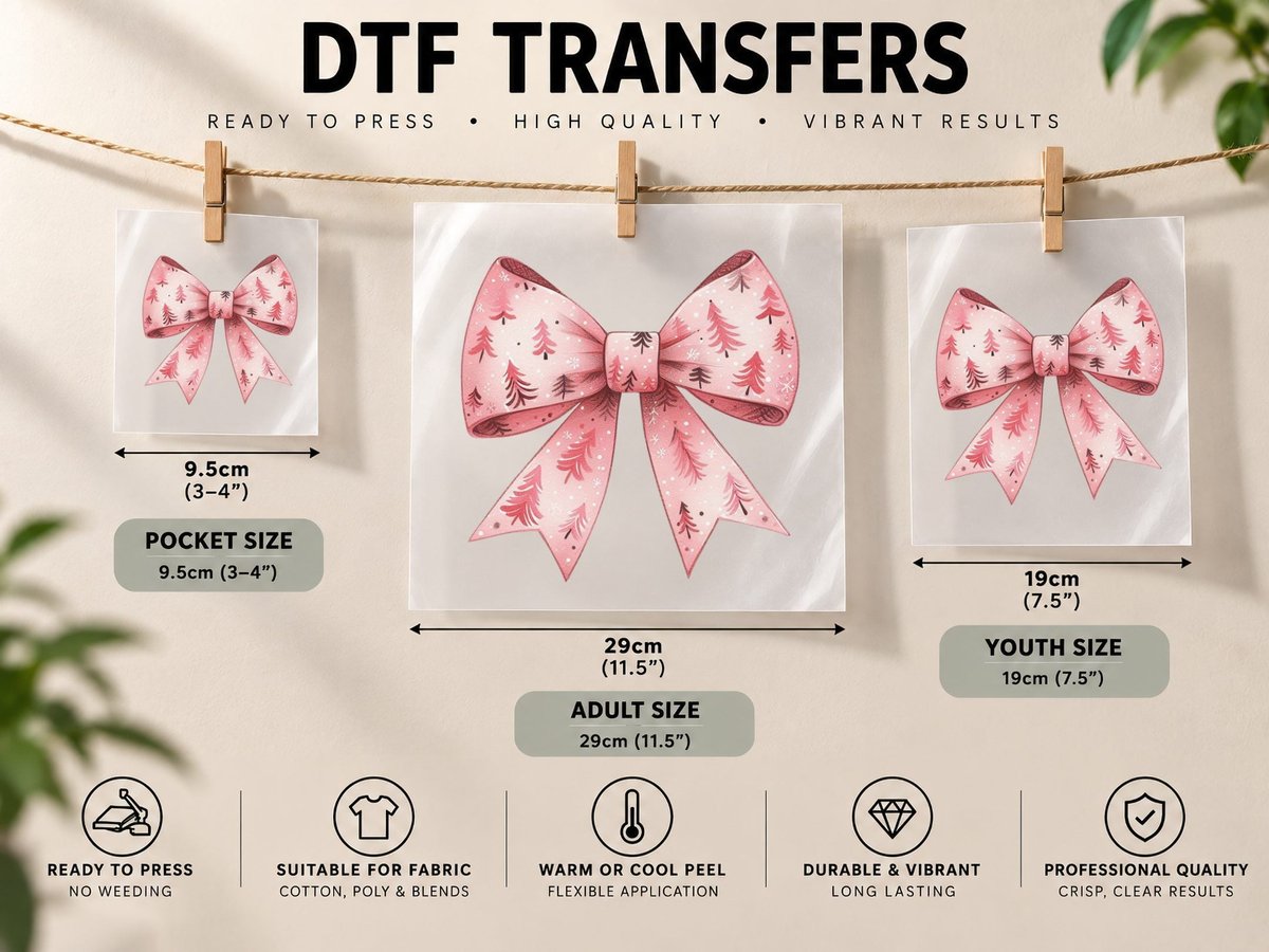 Pink Christmas Bow with Trees Christmas Coquette DTF Transfer Iron On