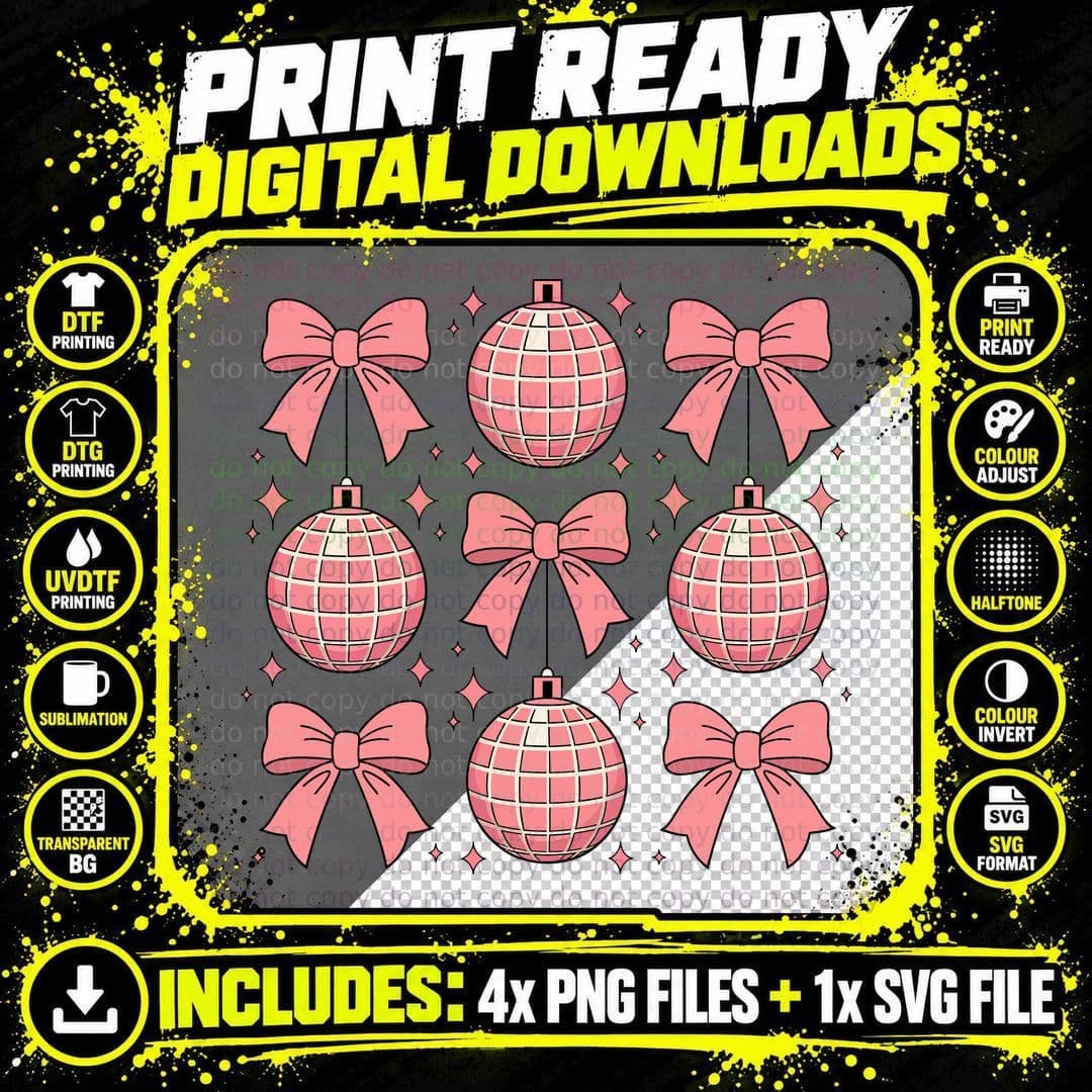 Pink Christmas Ornaments with Bows Happy New Year T-Shirt Png SVG Digital Bundle