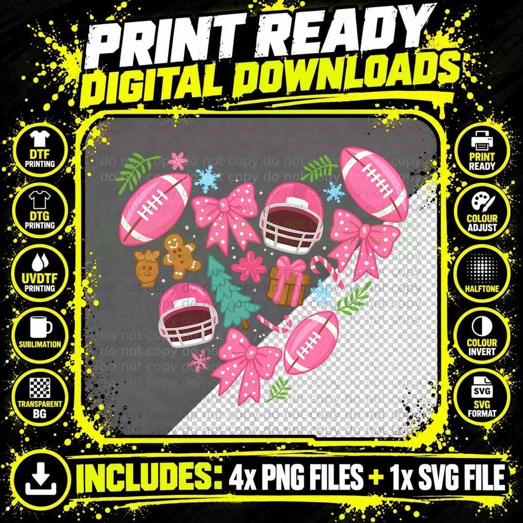 Pink Footballs Bows Gingerbread Christmas Tree Football Png SVG Digital Bundle