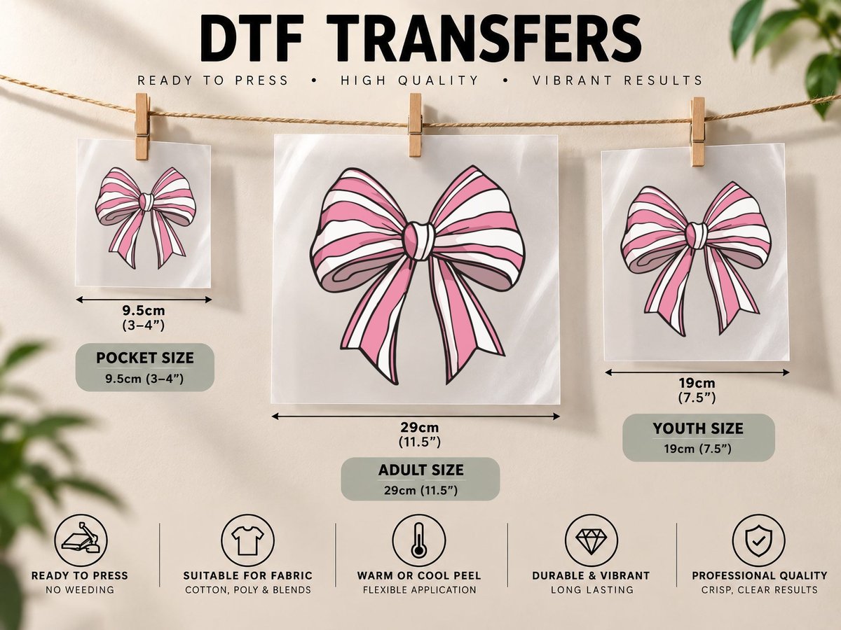 Pink Striped Bow Design Christmas Coquette DTF Transfer Iron On