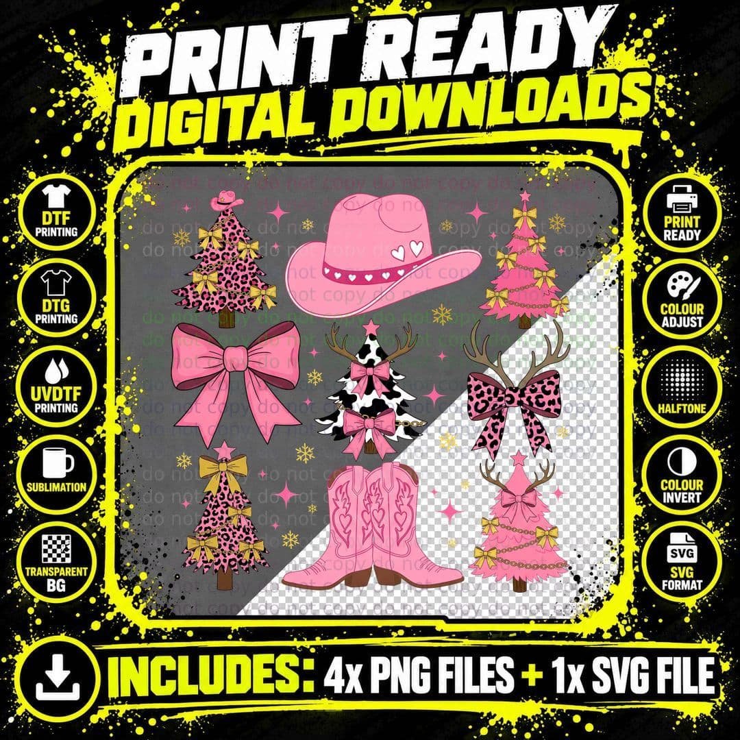 Pink Western Christmas Scene Western T-Shirt Png SVG Digital Bundle