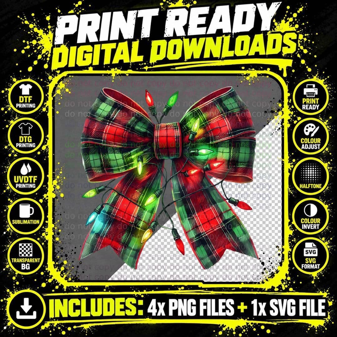 Plaid Bow with Christmas Lights Christmas Coquette Png SVG Digital Bundle