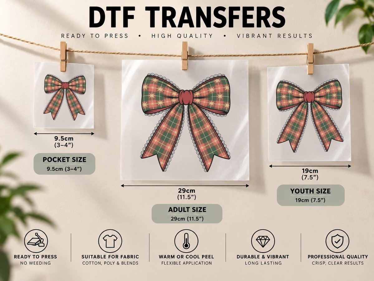 Plaid Bow with Lace Trim Christmas Coquette DTF Transfer Iron On
