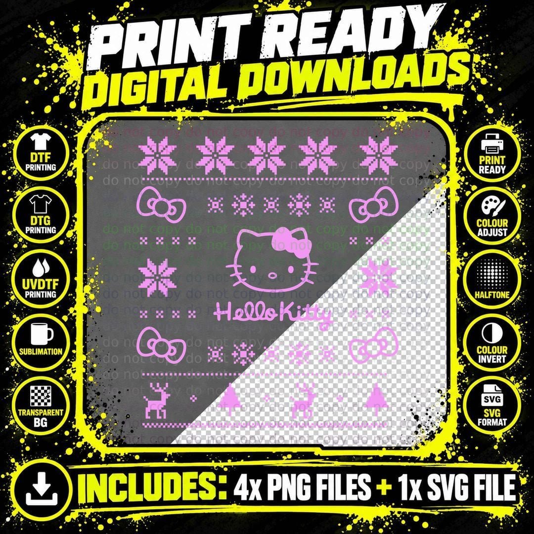 Random Hello Kitty Pink White Bow Character Christmas Png SVG Digital Bundle