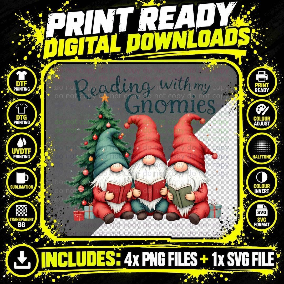 Reading with My Gnomies Coffee T-Shirt Png SVG Digital Bundle