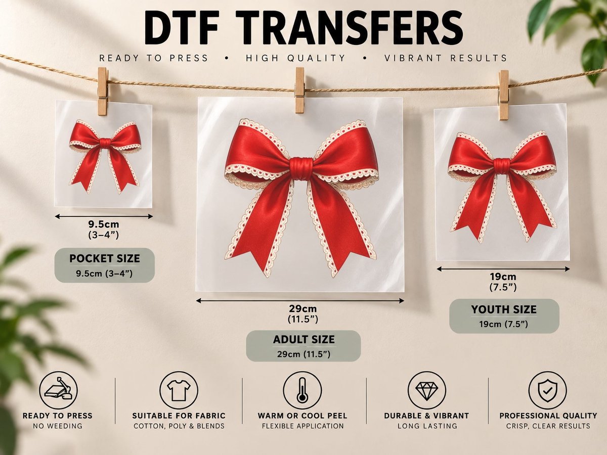Red Bow with Scalloped Edges Christmas Coquette DTF Transfer Iron On