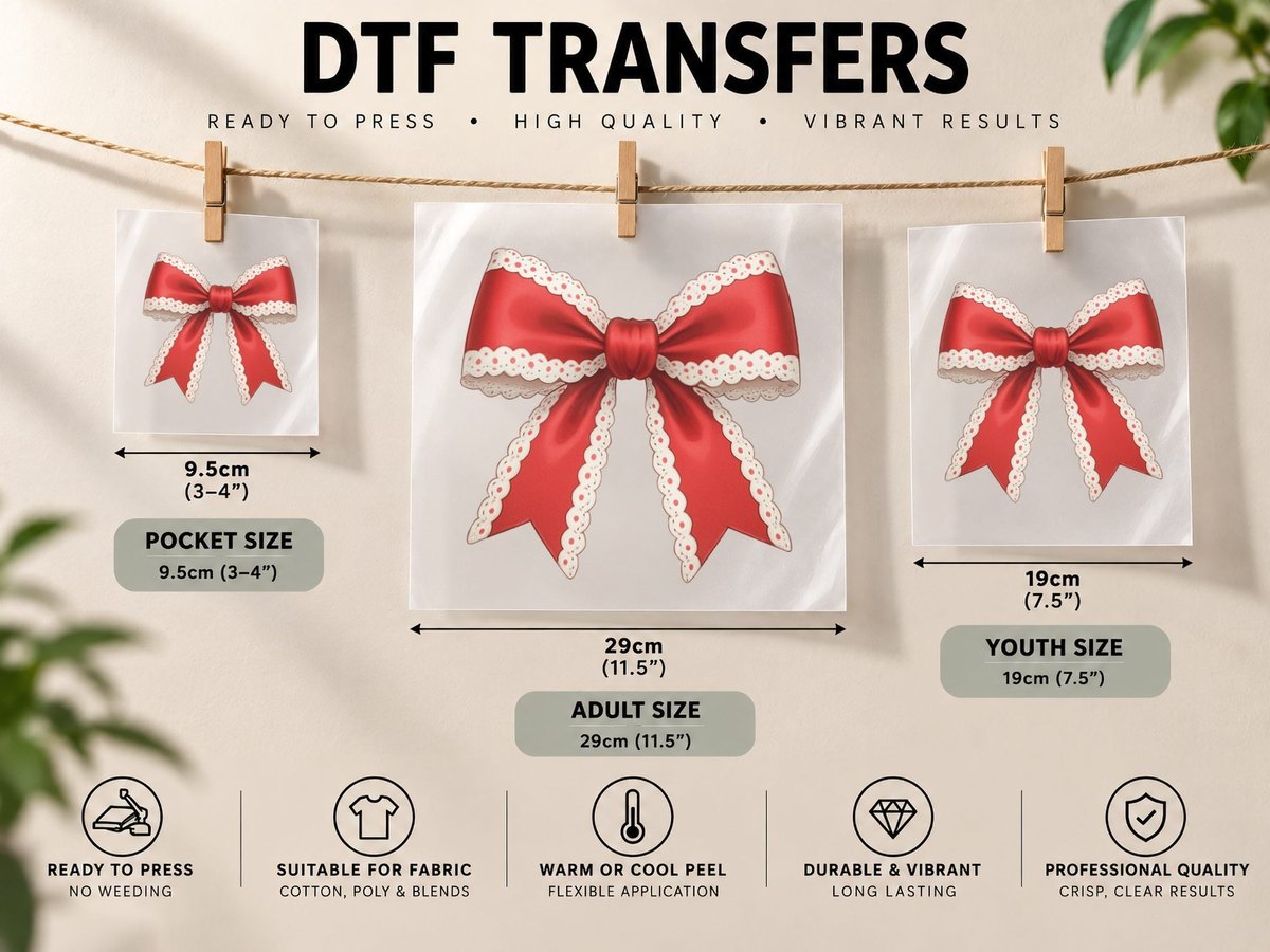 Red Bow with White Lace Trim Christmas Coquette DTF Transfer Iron On