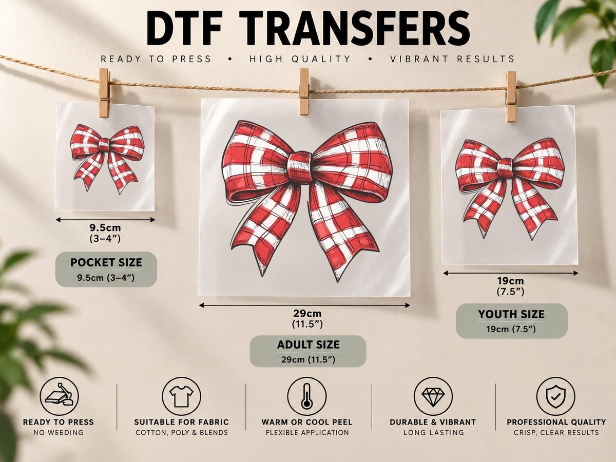 Red Plaid Bow Illustration Christmas Coquette DTF Transfer Iron On
