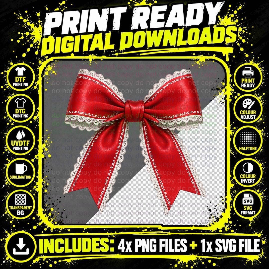 Red Satin Bow with Lace Trim Christmas Coquette T-Shirt Png SVG Digital Bundle
