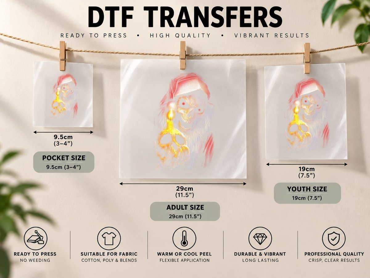 Red Tan Skull Hair Hat Golden Skeleton Hand Santa DTF Transfer Iron On