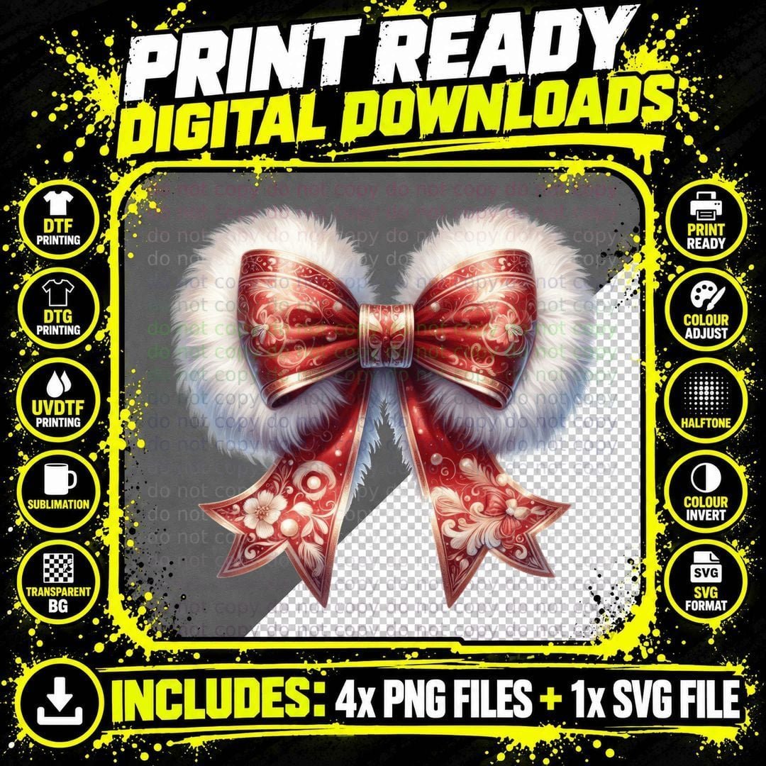 Red White Decorative Bow Christmas T-Shirt Png SVG Digital Bundle