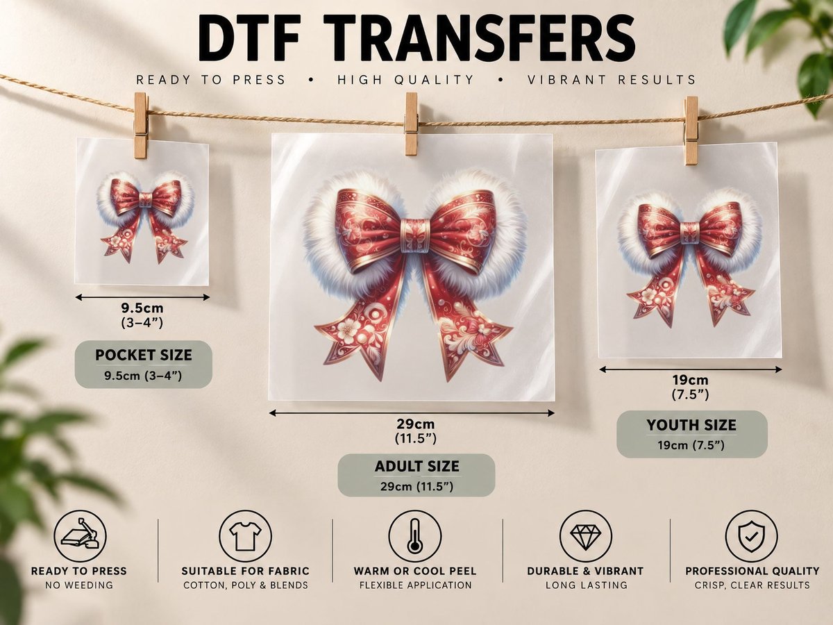 Red White Decorative Bow Christmas, Funny Xmas Graphic DTF Transfer Iron On