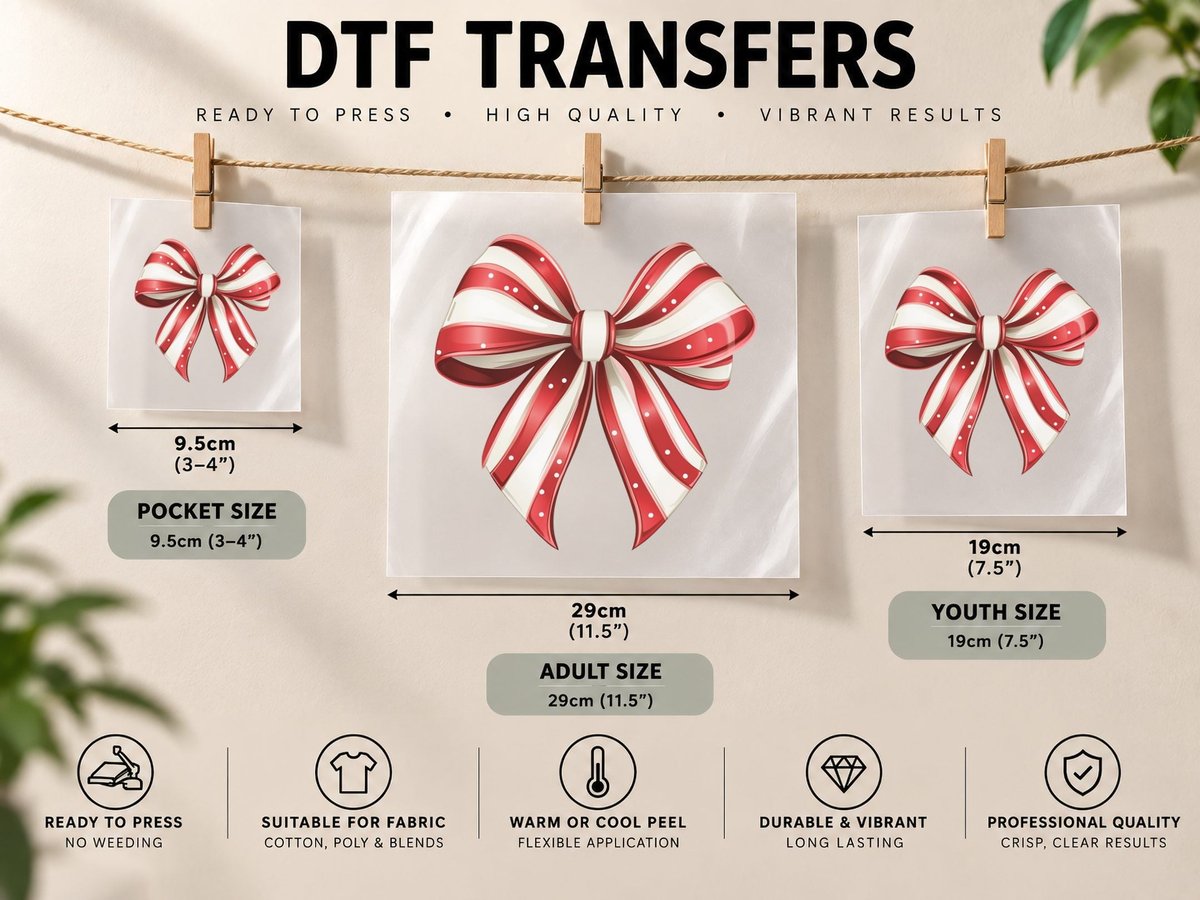Red White Striped Bow Christmas Coquette DTF Transfer Iron On