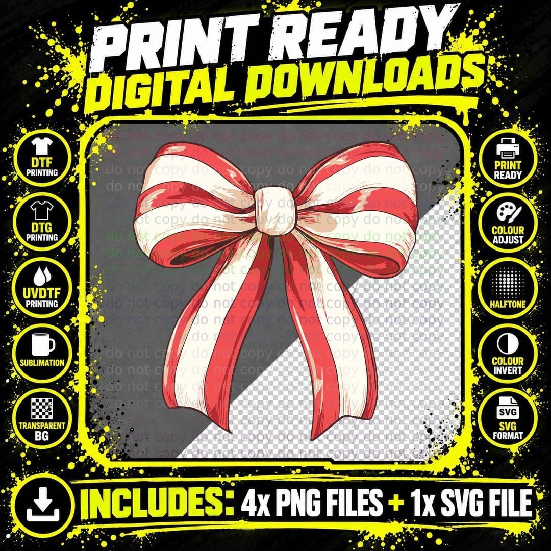 Red and White Striped Bow Christmas Coquette Design Png SVG Digital Bundle