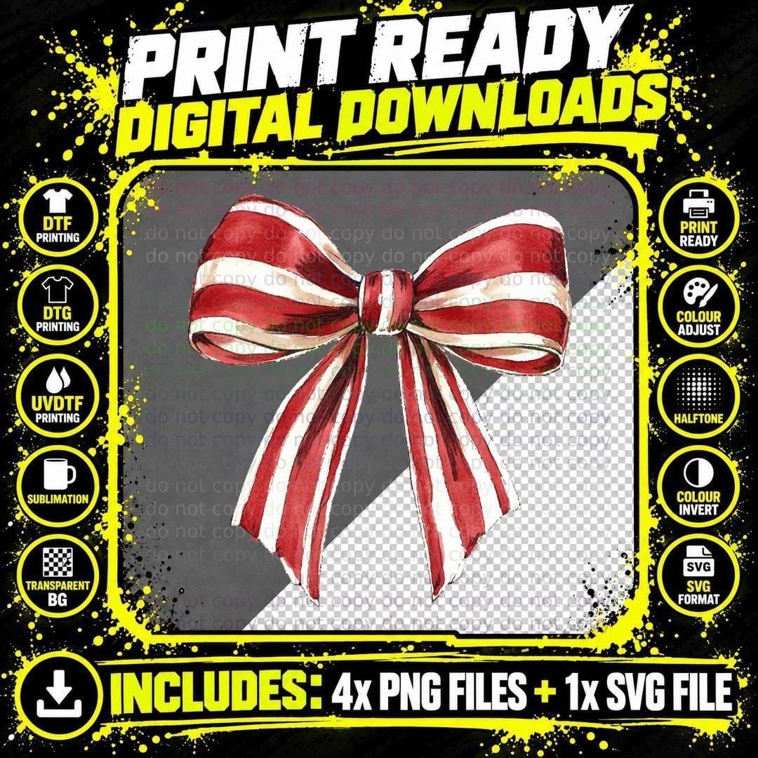 Red and White Striped Bow Christmas Coquette T-Shirt Png SVG Digital Bundle