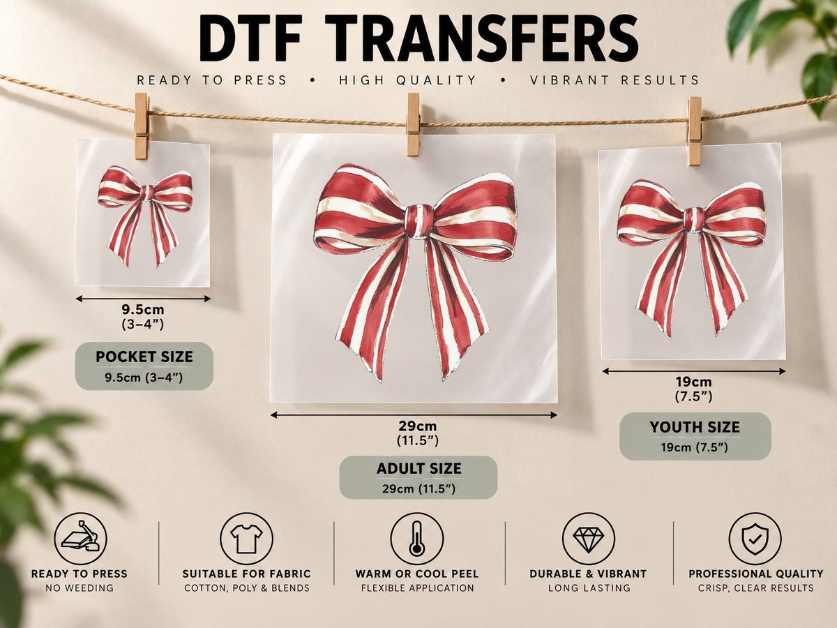 Red and White Striped Bow Christmas Coquette DTF Transfer Iron On