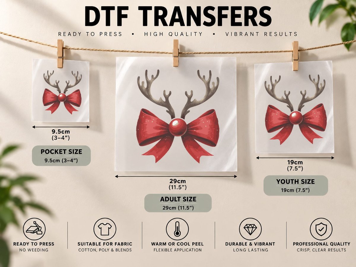 Reindeer Antlers with Red Bow Christmas Coquette DTF Transfer Iron On