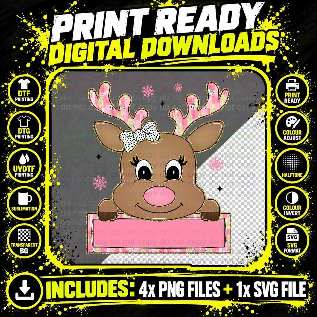 Reindeer Face Glitter Christmas T-Shirt Png SVG Digital Bundle