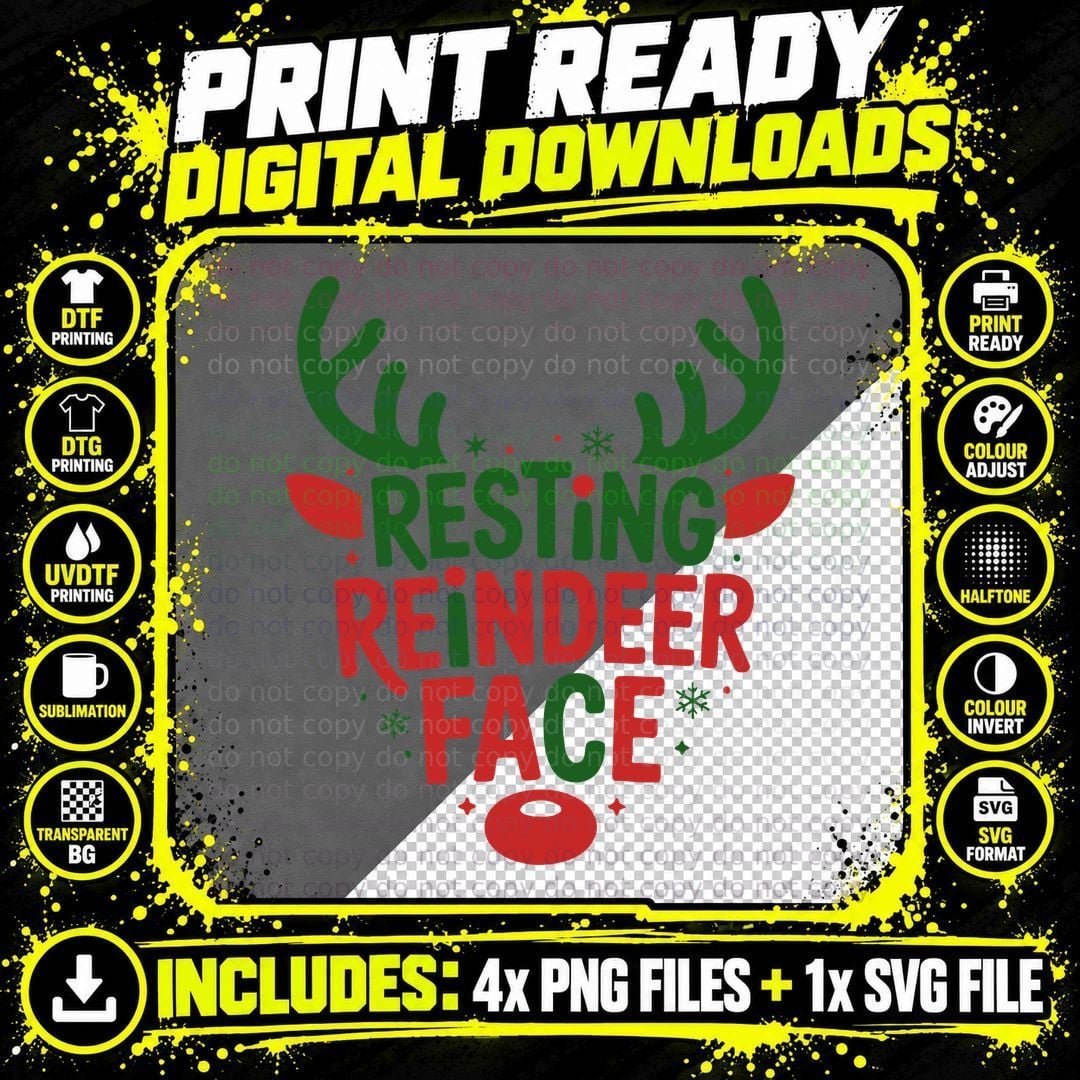 Resting Reindeer Face Christmas T-Shirt, Funny Xmas Tee Png SVG Digital Bundle