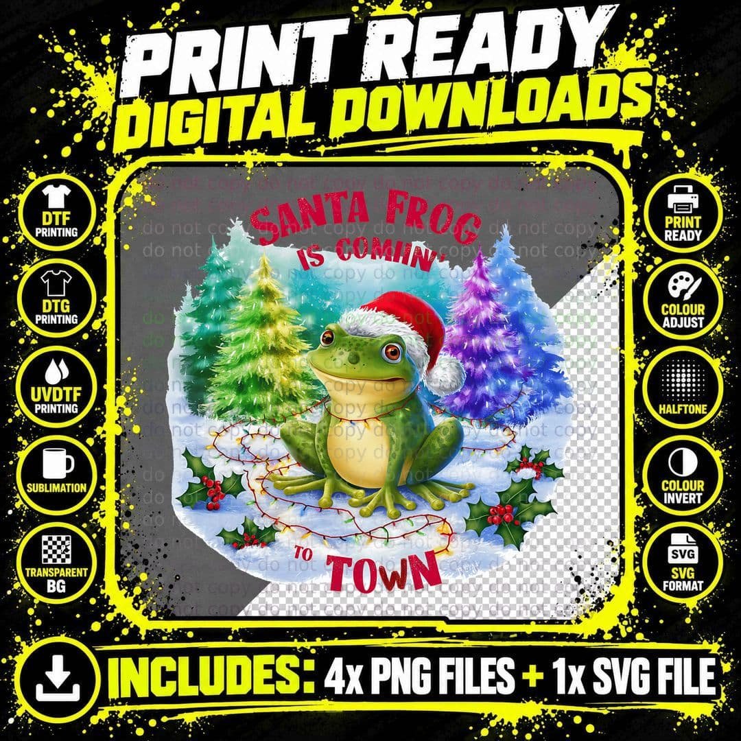 Santa Frog Is Comin' to Town Christmas T-Shirt Png SVG Digital Bundle
