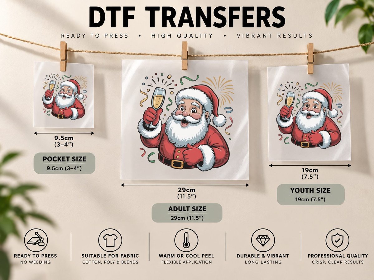 Santa Holding Champagne Glass Happy New Year DTF Transfer Iron On