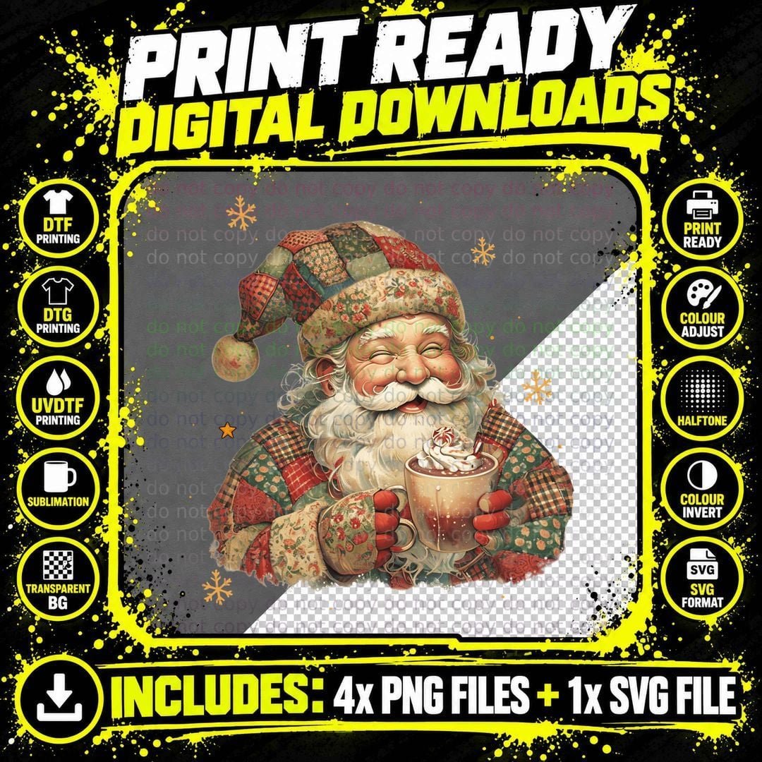 Santa Holding Hot Cocoa Christmas T-Shirt Png SVG Digital Bundle