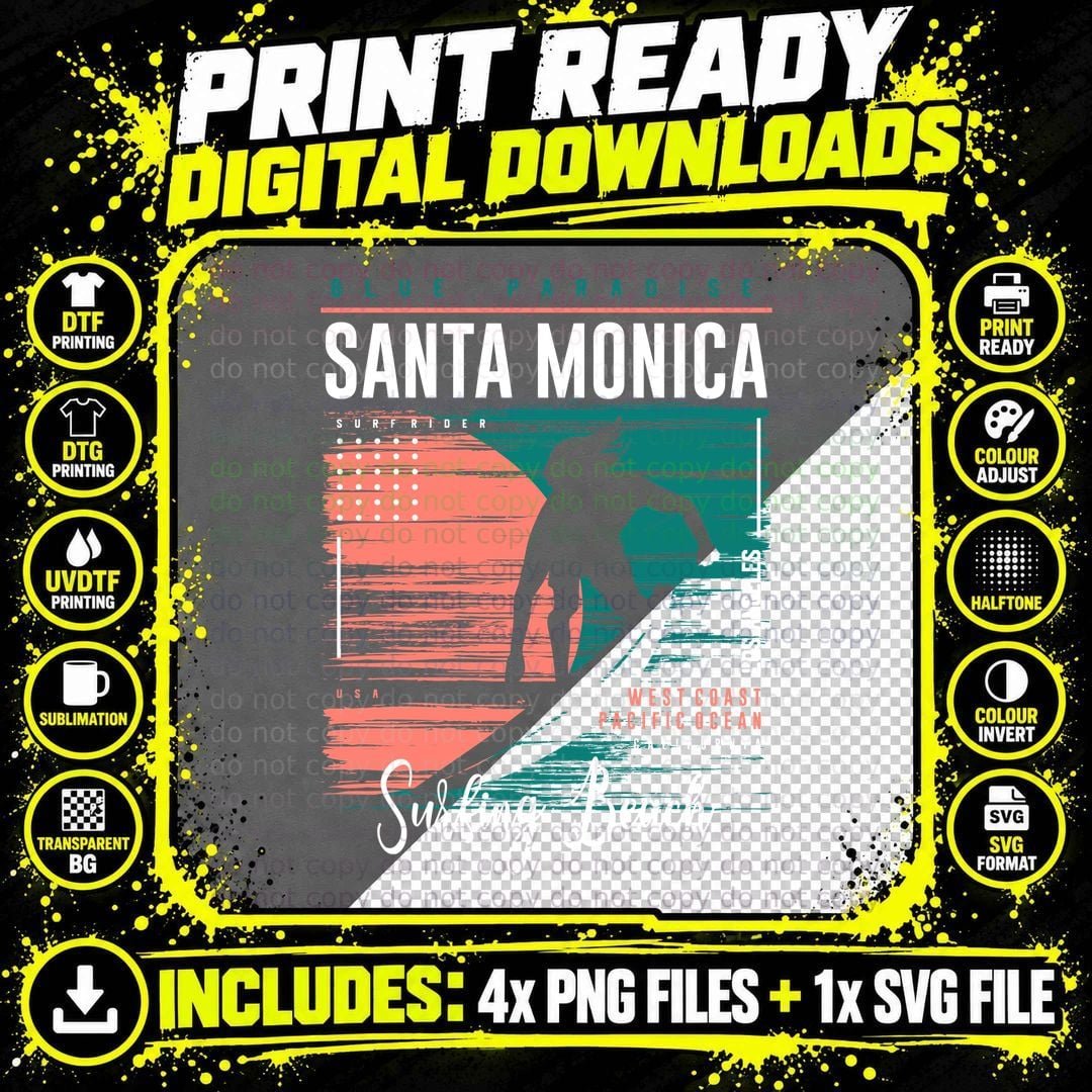 Santa Monica Surf Blue Paradise Surfidier West Coast Png SVG Digital Bundle