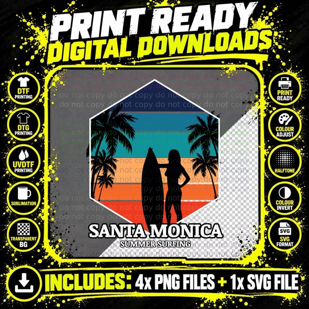 Santa Monica Surfing Summer Sunset Palm Retro T-Shirt Png SVG Digital Bundle