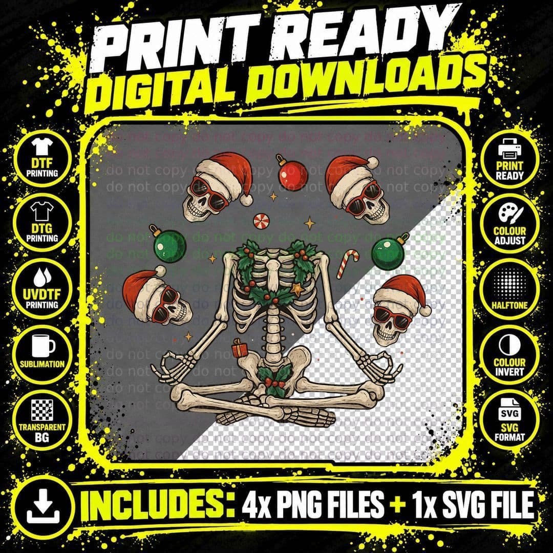 Santa Skulls with Holiday Ornaments Christmas T-Shirt Png SVG Digital Bundle