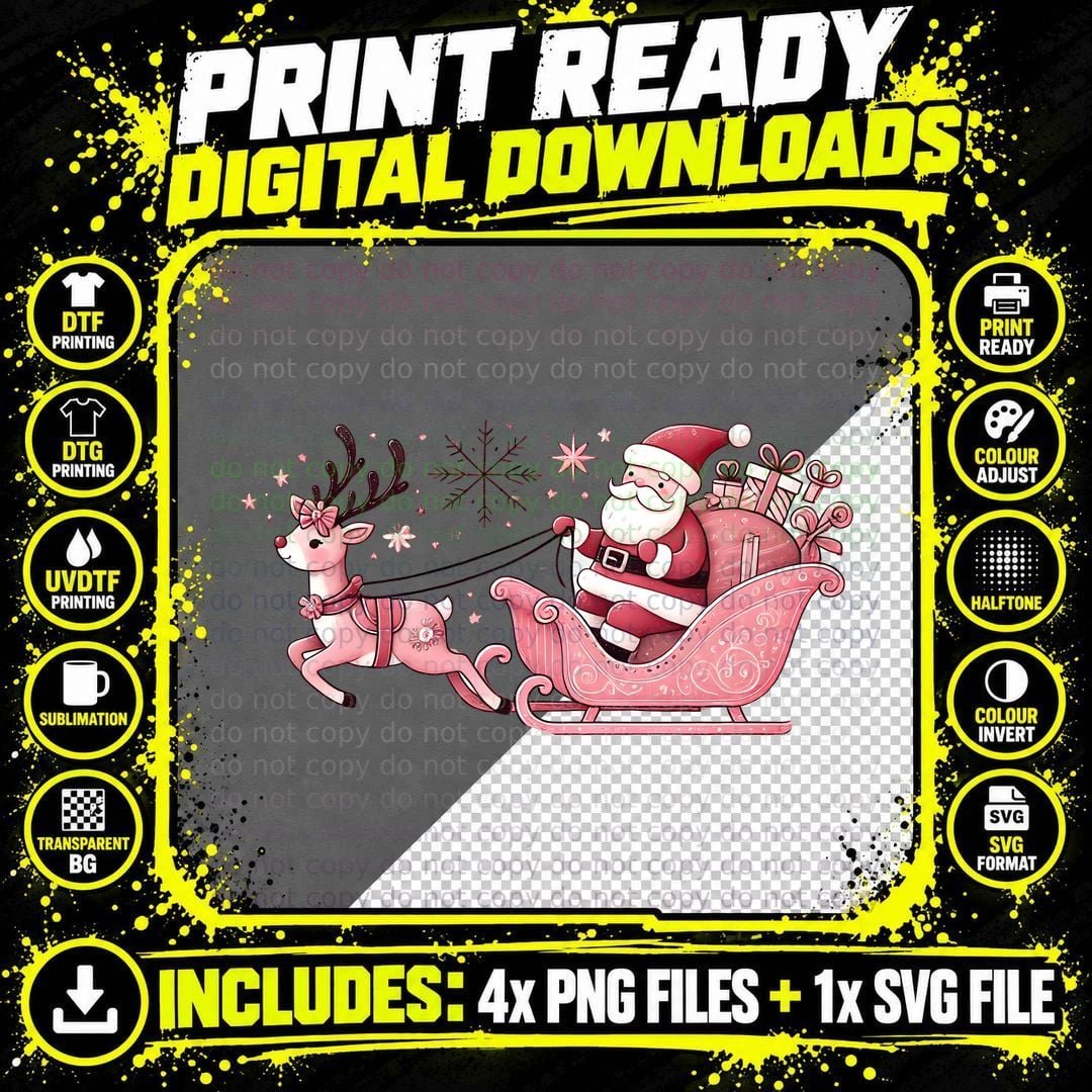 Santa Sleigh with Reindeer Christmas T-Shirt Png SVG Digital Bundle