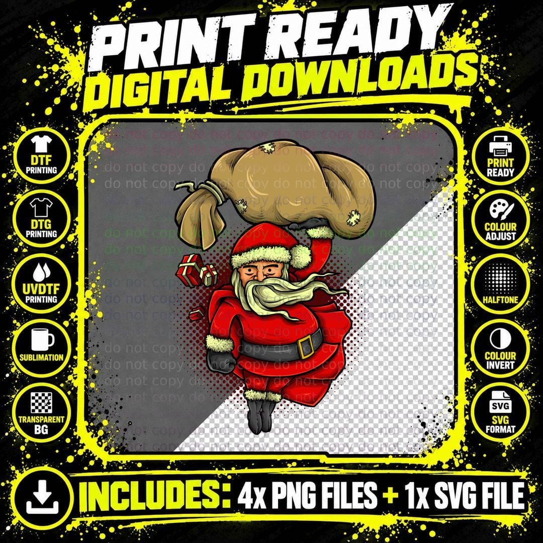 Santa Traditional Flying with Gift Sack T-Shirt Png SVG Digital Bundle