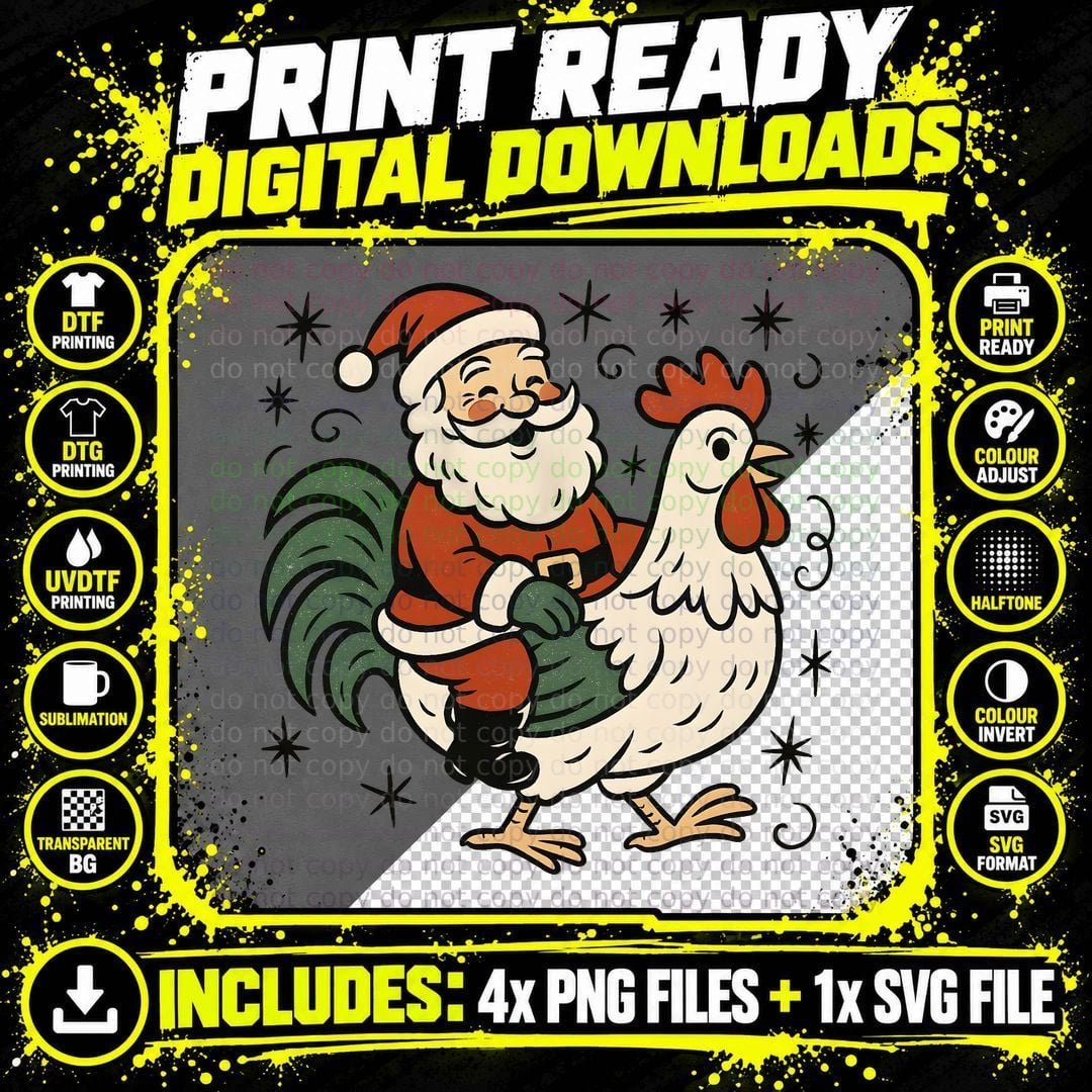 Santa with Rooster Dance Christmas T-Shirt Png SVG Digital Bundle
