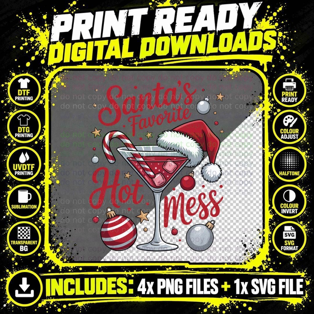 Santa's Favorite Hot Mess Christmas Print T-Shirt Png SVG Digital Bundle