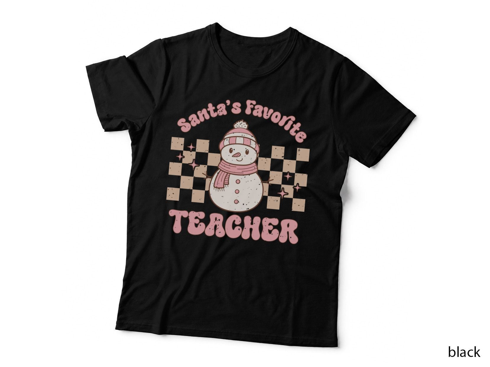 Santa's Favorite Teacher T-Shirt, Snowman in Pink Hat and Scarf Graphic