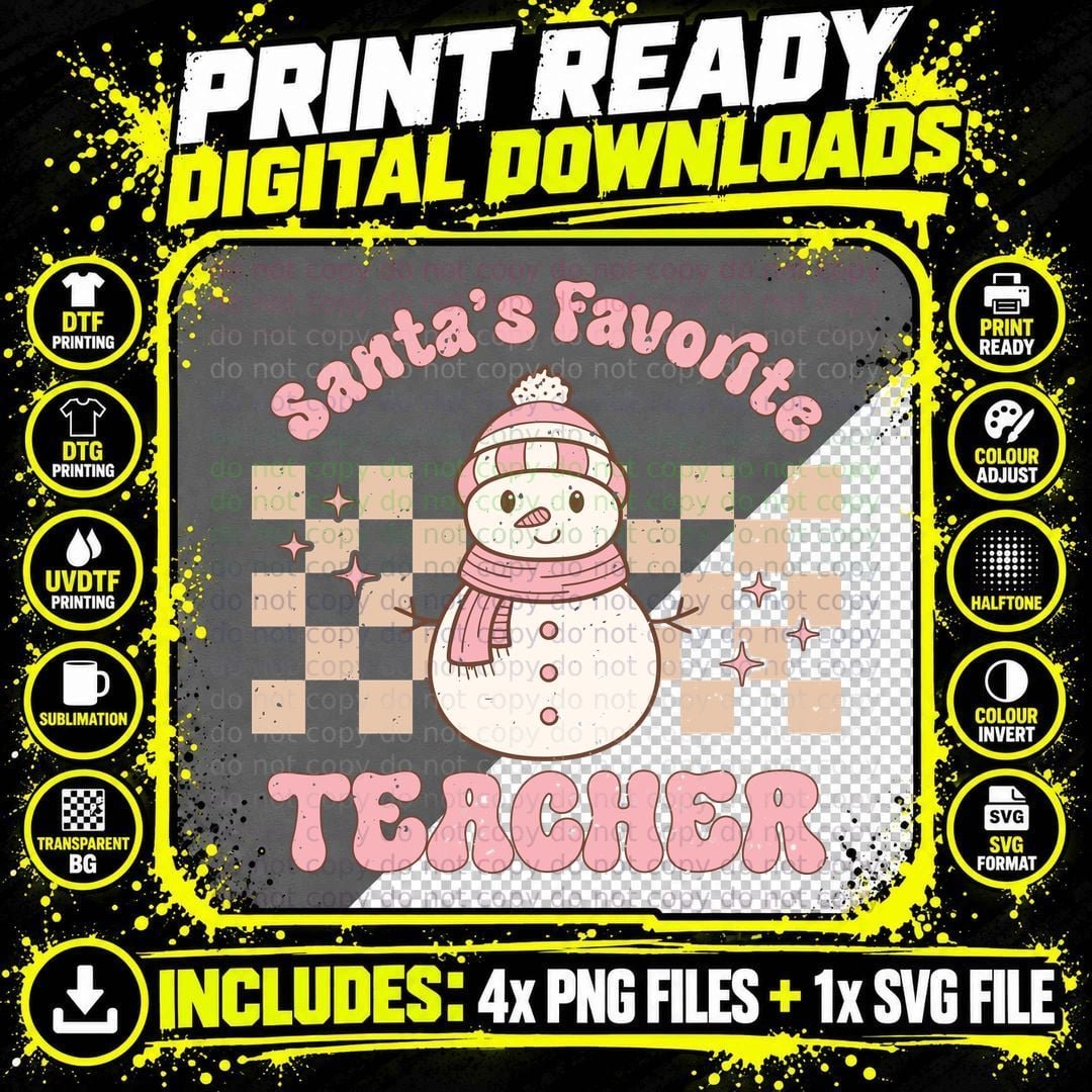 Santa's Favorite Teacher T-Shirt, Snowman in Pink Hat Png SVG Digital Bundle